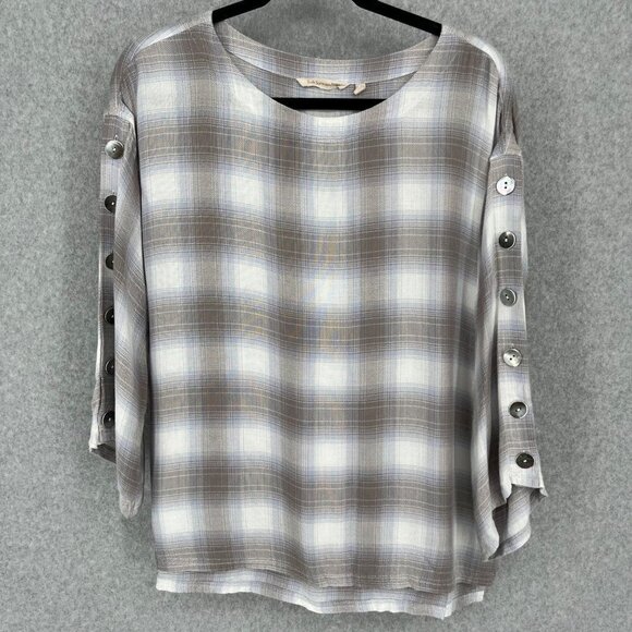 Soft Surroundings Womens Soft Flannel Tunic Top Size S Petite Brown Plaid Button - Picture 1 of 12